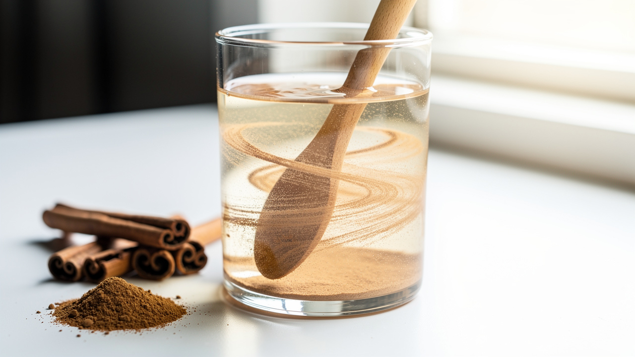 Ceylon cinnamon powder swirling in glass of water