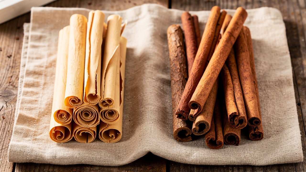 Ceylon cinnamon and Cassia cinnamon sticks showing visual differences
