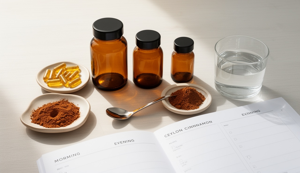 Organized supplement bottles and daily dosing schedule layout