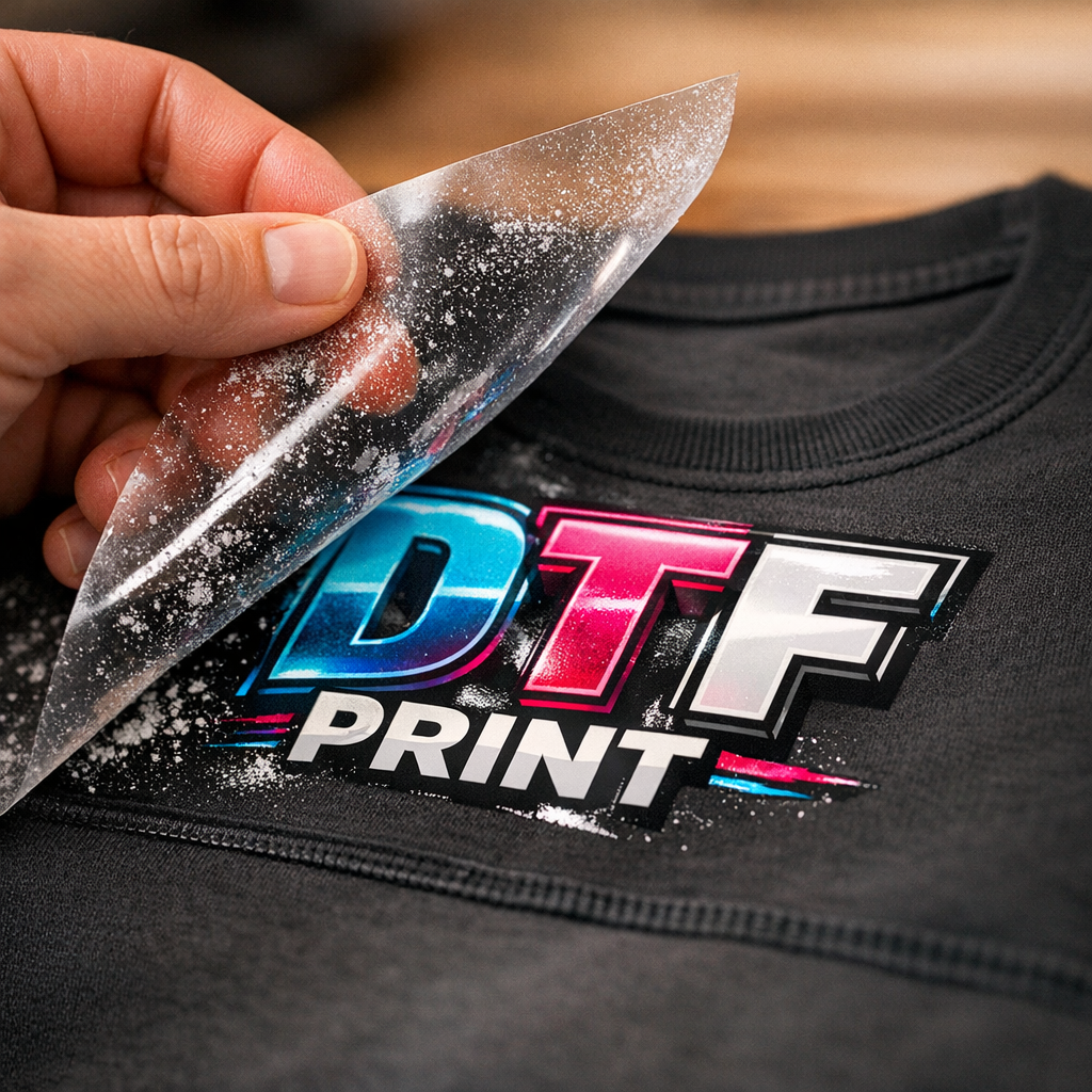 Close-up photorealistic shot of hands peeling a DTF film from a freshly pressed tee, showing glossy printed inks, adhesive...