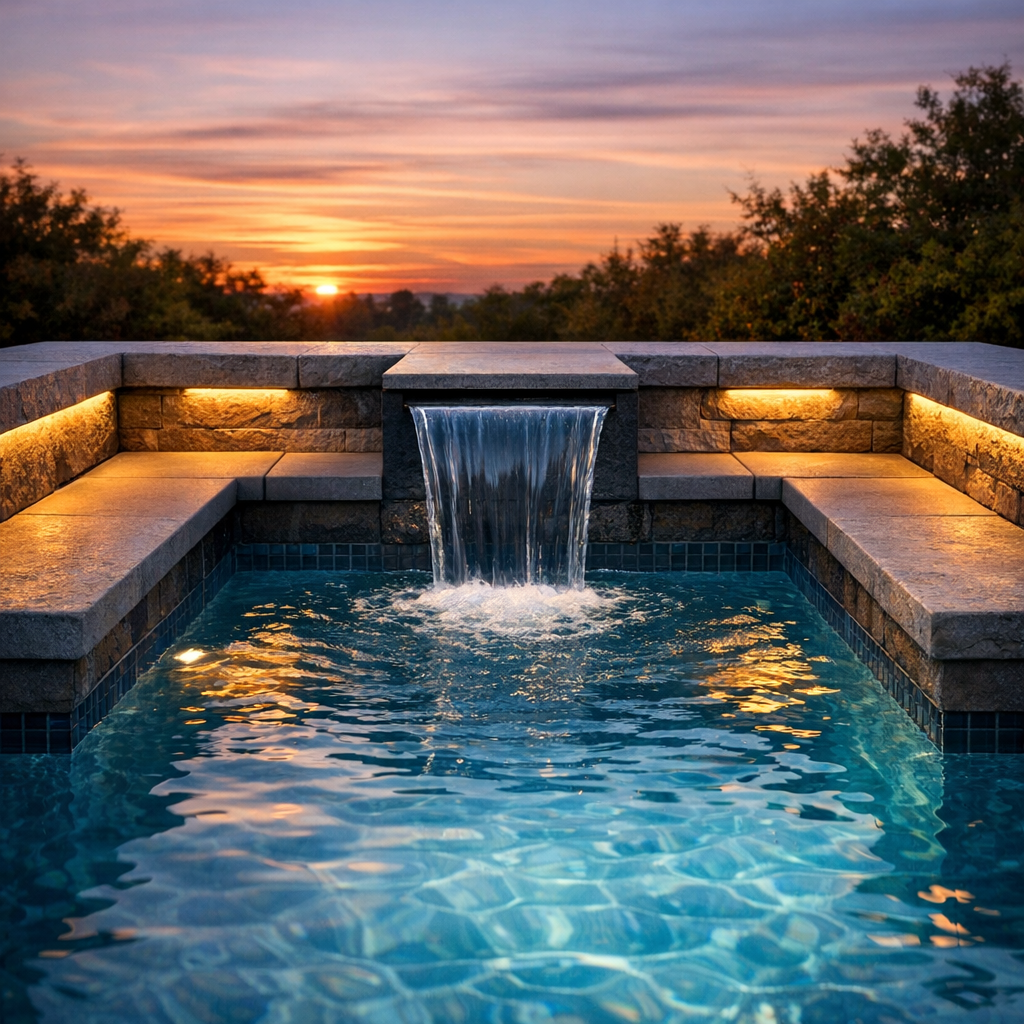 Mid-content photorealistic close-up of a modern spool at dusk showing textured stone coping, built-in bench seating, integ...