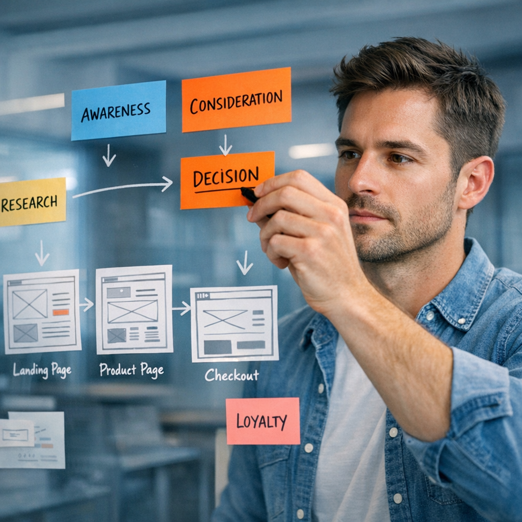 B2B Digital Marketing Strategy for Lead Generation, 7 Steps. 2 Photorealistic mid-article scene of a marketing strategist mapping a customer journey on a glass wall, sticky notes and wi...