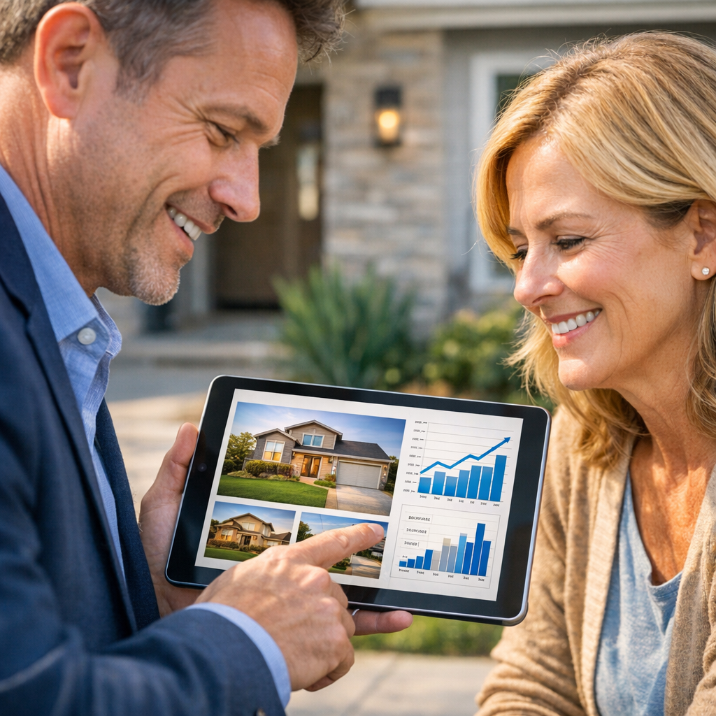 Photorealistic mid-shot showing an agent and homeowner reviewing a tablet with house photos and market charts on screen, m...