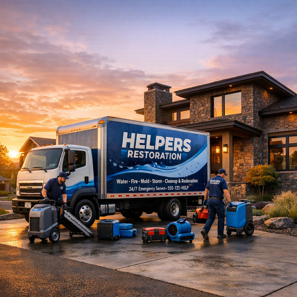 Photorealistic scene of a Helpers Restoration truck parked in front of a Basalt home at sunrise, technicians unloading equ...