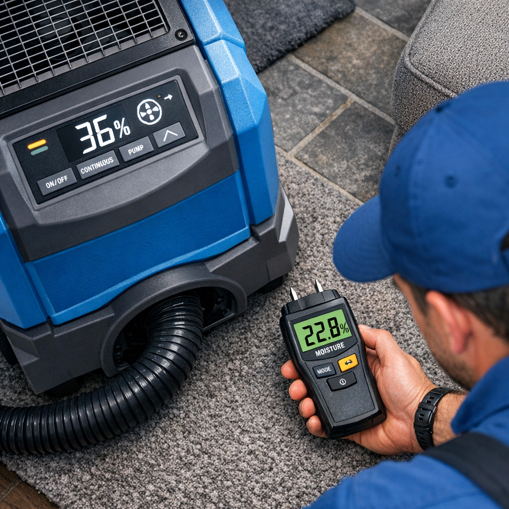 Close-up photorealistic shot of a certified technician using a commercial dehumidifier and digital moisture meter inside a...