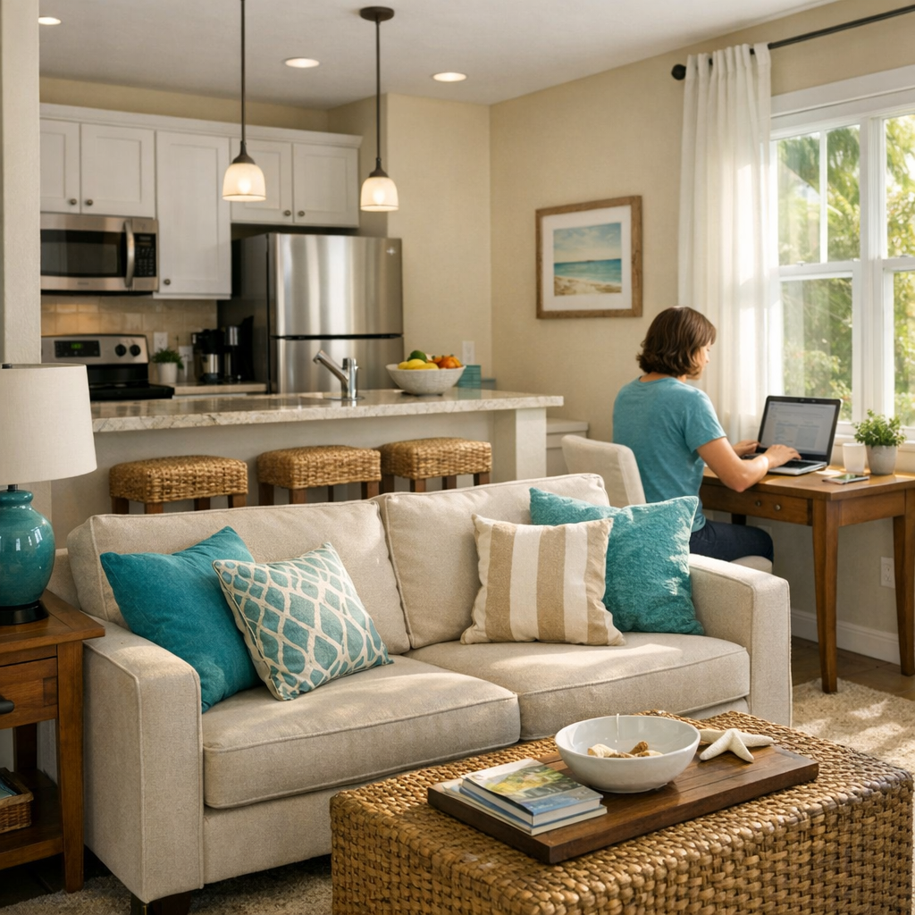 Photorealistic interior shot of a bright, furnished vacation rental living room with a comfortable sofa, accent pillows, f...