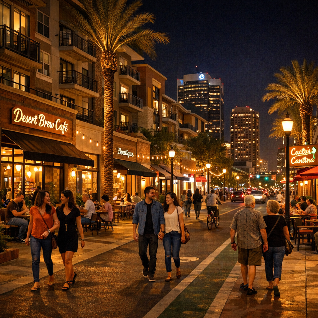 Illustrative scene of a nighttime Phoenix mixed-use corridor with lit storefronts and residents walking, warm street light...