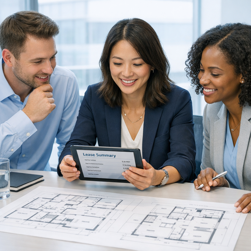 Photorealistic mid-shot of a leasing team in a bright conference room reviewing a lease summary on a tablet and floor plan...