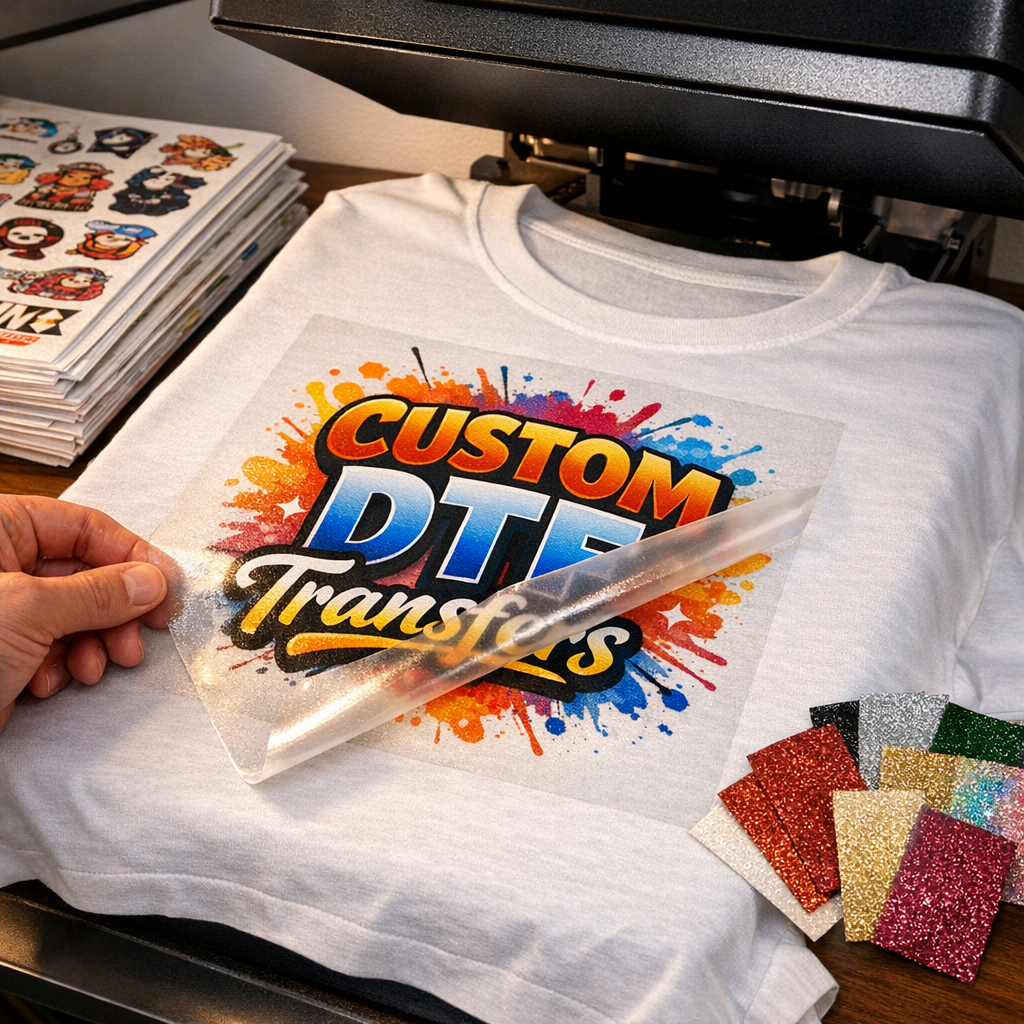 Close-up photorealistic shot of a heat-press ready T-shirt with a crisp DTF transfer being applied, next to a stack of gan...