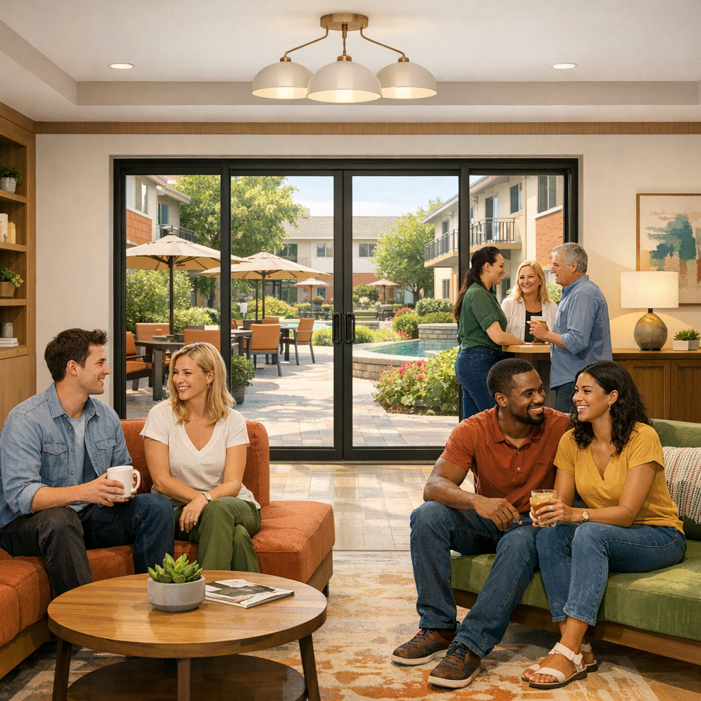 A clean, photorealistic interior shot of a renovated garden-style apartment common area with new finishes, landscaped cour...