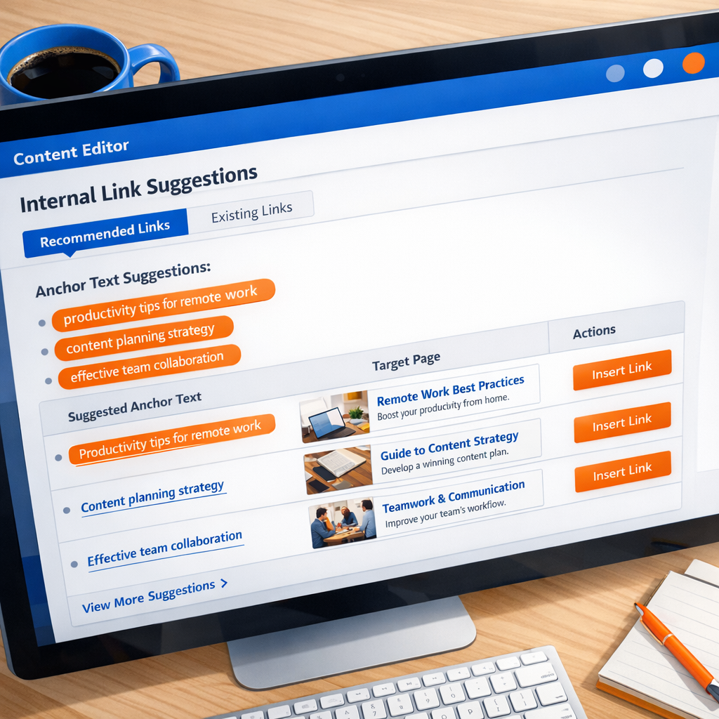 Middle-of-article photorealistic illustration of a content editor dashboard showing recommended internal links, highlighte...