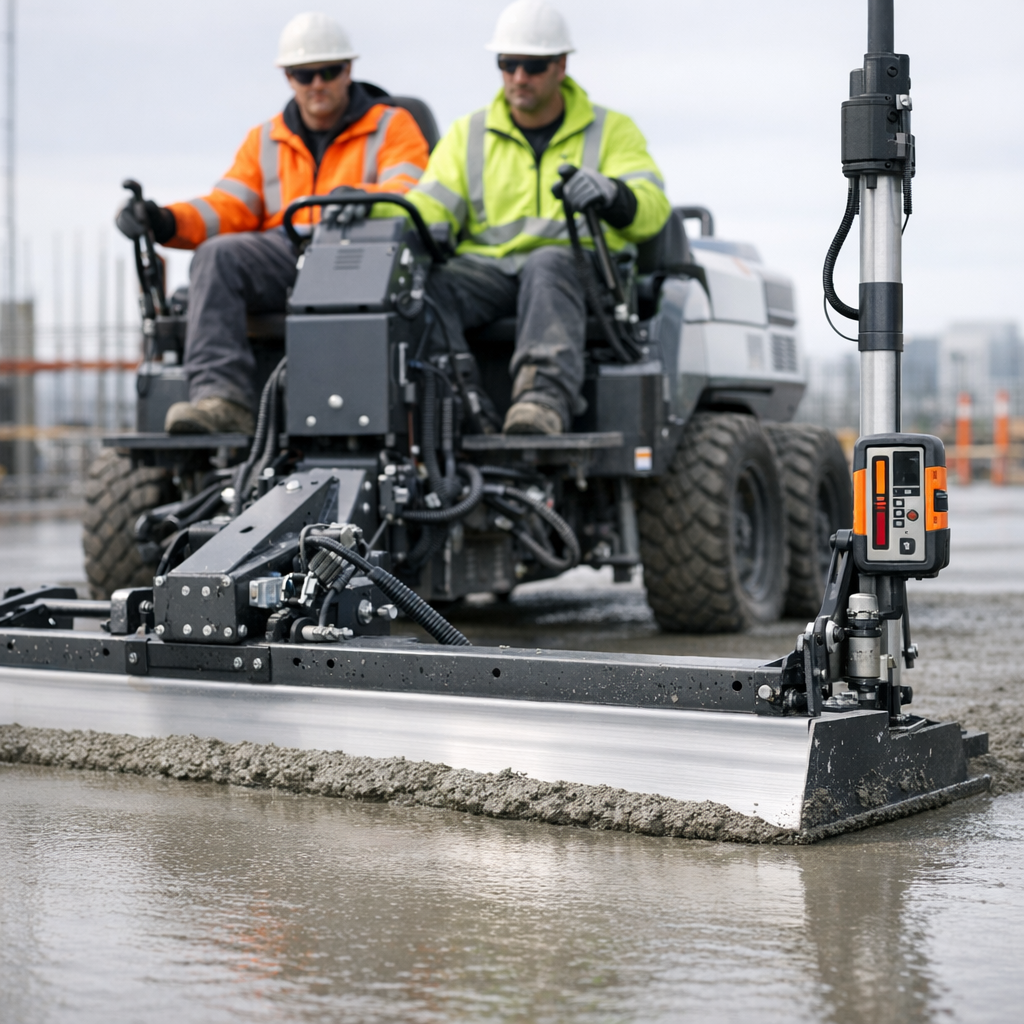 Photorealistic mid-shot showing a ride-on laser screed in action on a large podium deck pour, operators wearing high-visib...