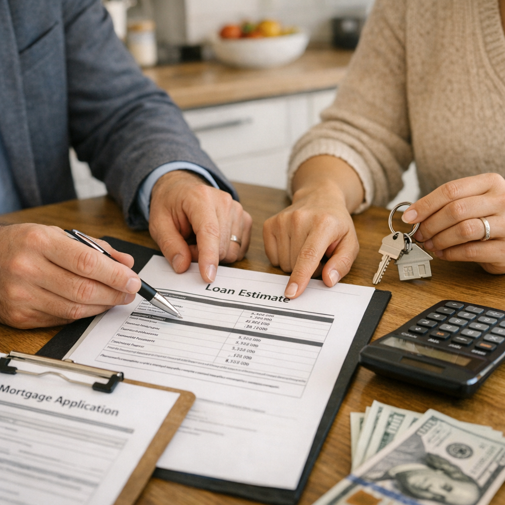 Mid-article photorealistic photo of a lender and first-time buyer reviewing paperwork at a modern kitchen table, natural l...