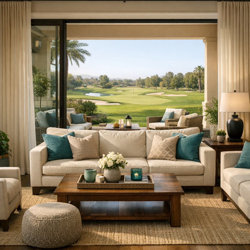 Photorealistic mid-shot of an elegant interior living room opening to a patio view of a golf course, modern furnishings, s...