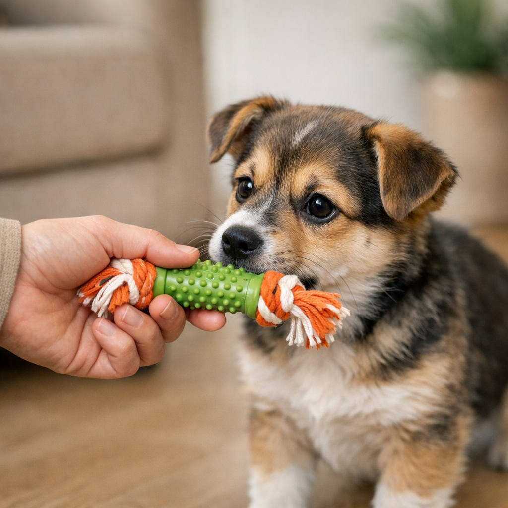 Mid-page photorealistic close-up of a trainer offering a chew toy to a small mixed-breed puppy, friendly and instructional...