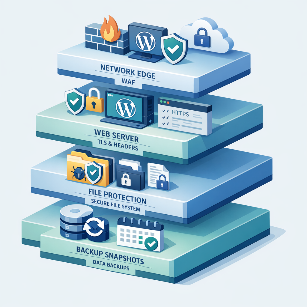 Illustrative isometric 3D render of layered security for WordPress, showing network edge with WAF, web server layer with T...
