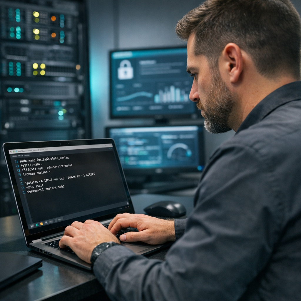 Photorealistic close-up of a systems administrator configuring server-level security in a Phoenix colo facility, typing on...