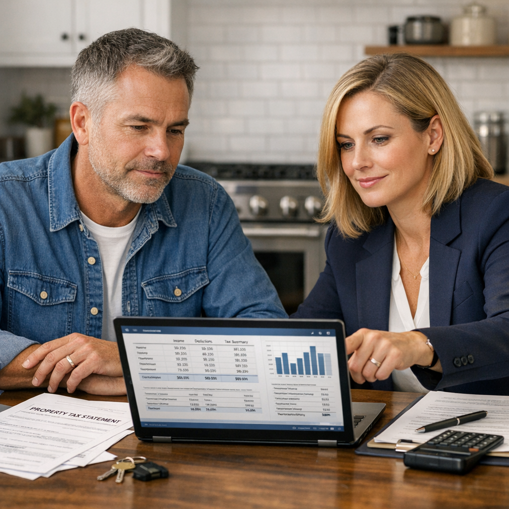 A photorealistic mid-article photo of a homeowner and a CPA at a kitchen table, reviewing a laptop screen with tax spreads...
