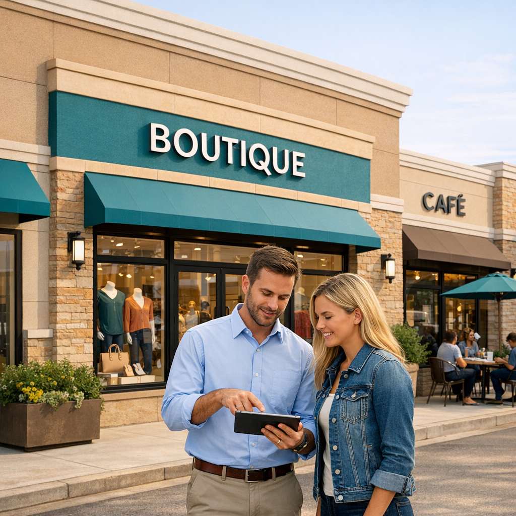Photorealistic, mid-level street view of a leased retail plaza undergoing a soft refresh, a property manager consulting wi...
