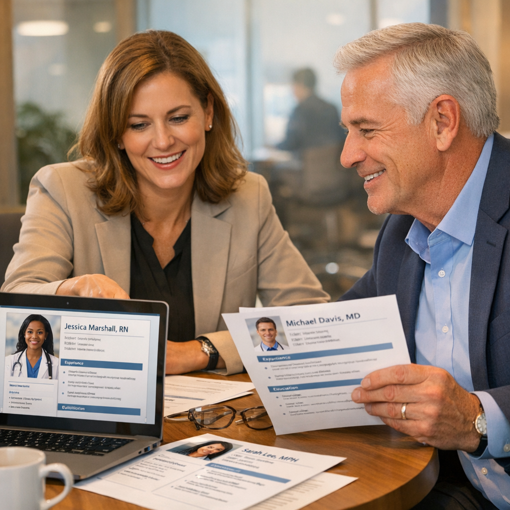 Photorealistic scene of a recruiter reviewing candidate profiles with a healthcare executive at a round table, modern offi...