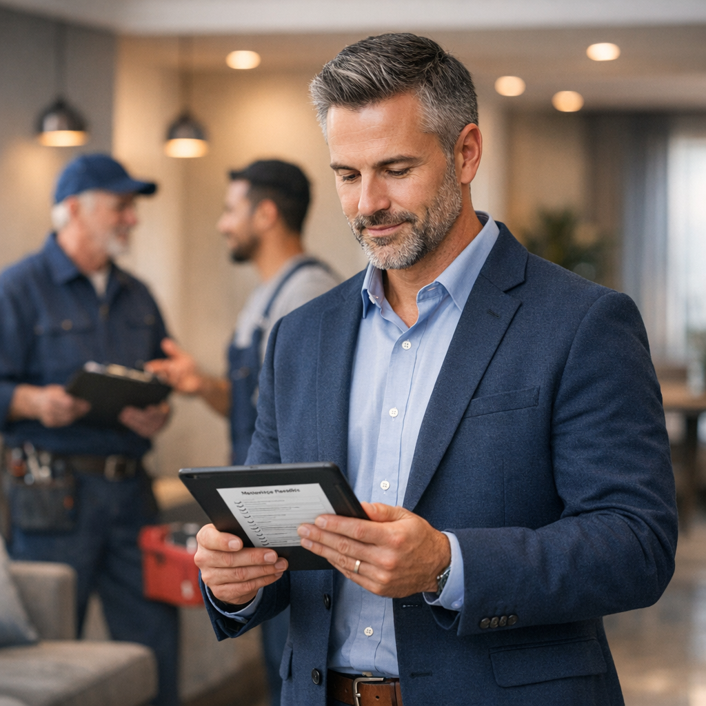 Photorealistic scene of a property manager reviewing maintenance checklists on a tablet while standing in a clean apartmen...
