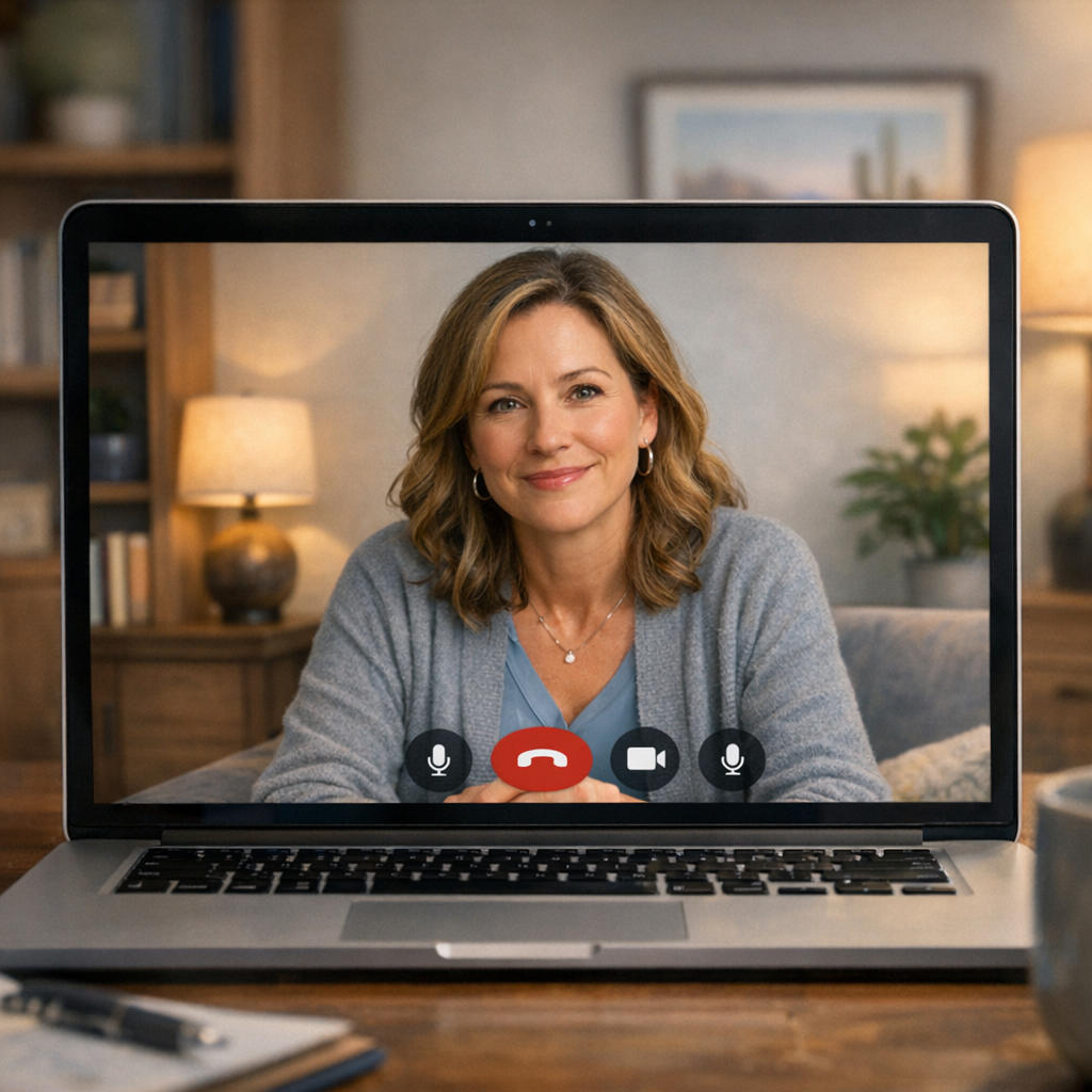 A modern, photorealistic mid-shot of a therapist and client visible through a laptop screen in a cozy home office. Focus o...