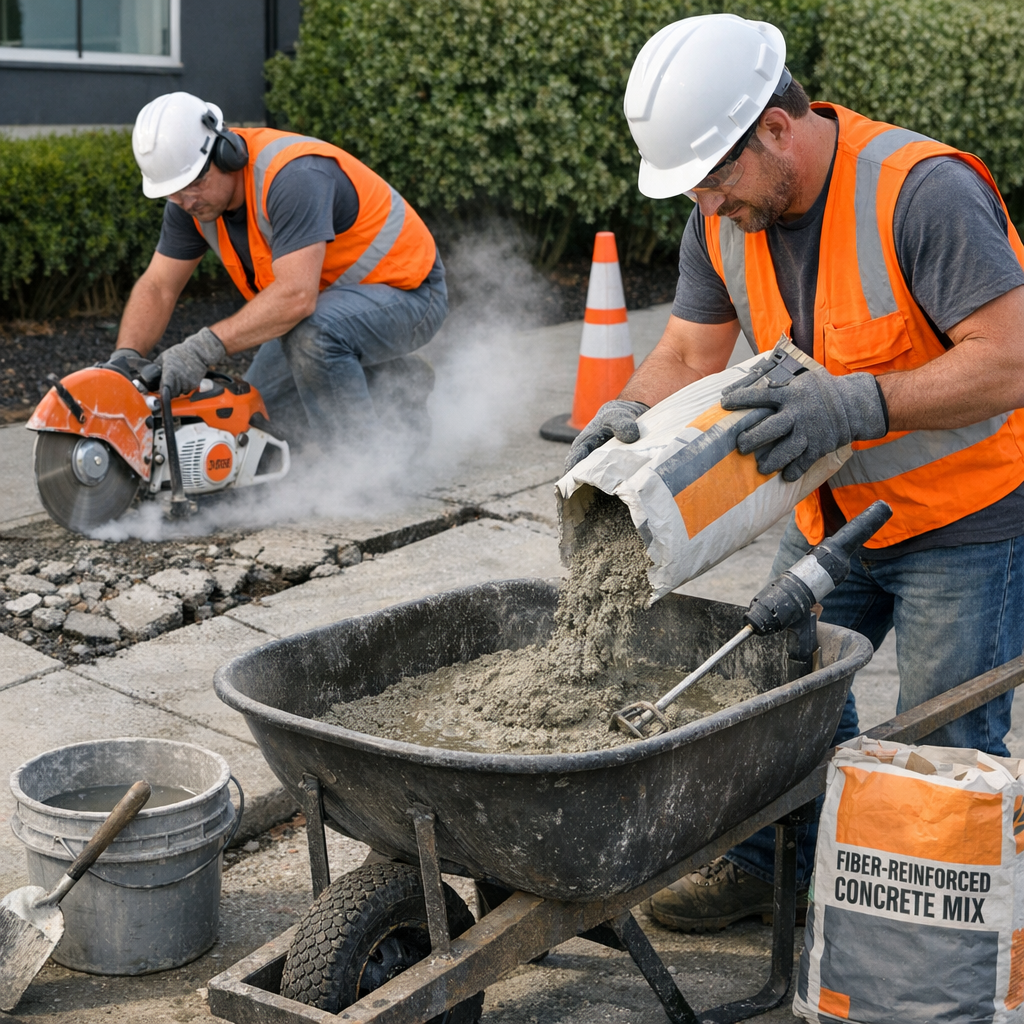 Photorealistic mid-shot of a contractor team performing a small sidewalk replacement, one worker cutting out damaged concr...