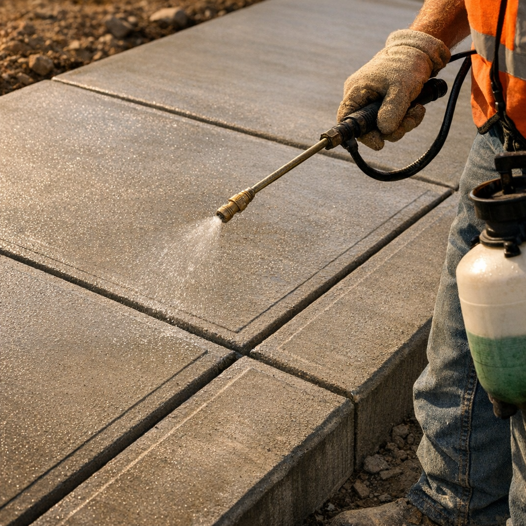Photorealistic close-up of a freshly poured, finished sidewalk panel with visible control joints and clean edges, contract...