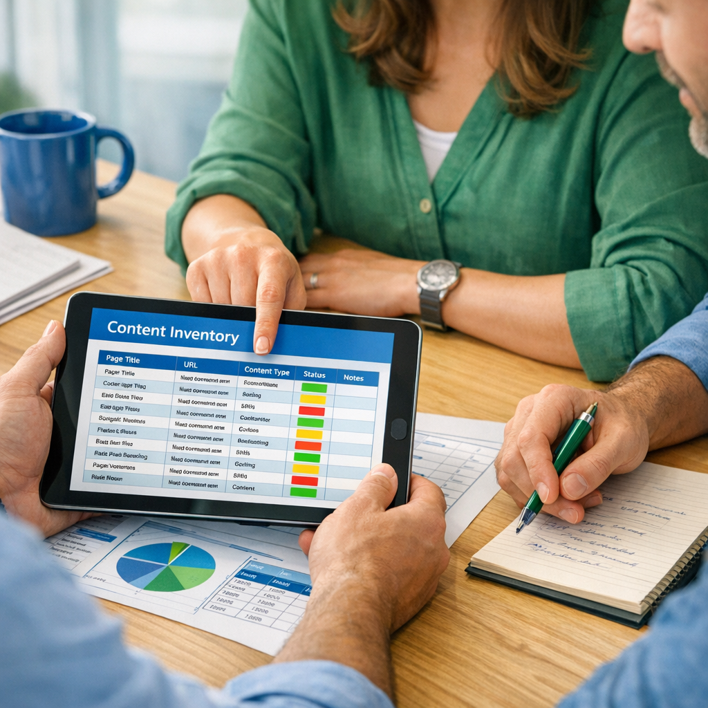 A clear, photorealistic mid-article scene of a small team around a table reviewing a printed content inventory spreadsheet...