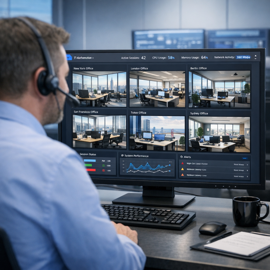 Photorealistic mid-page image of an IT administrator monitoring a single dashboard showing multiple virtual desktop sessio...