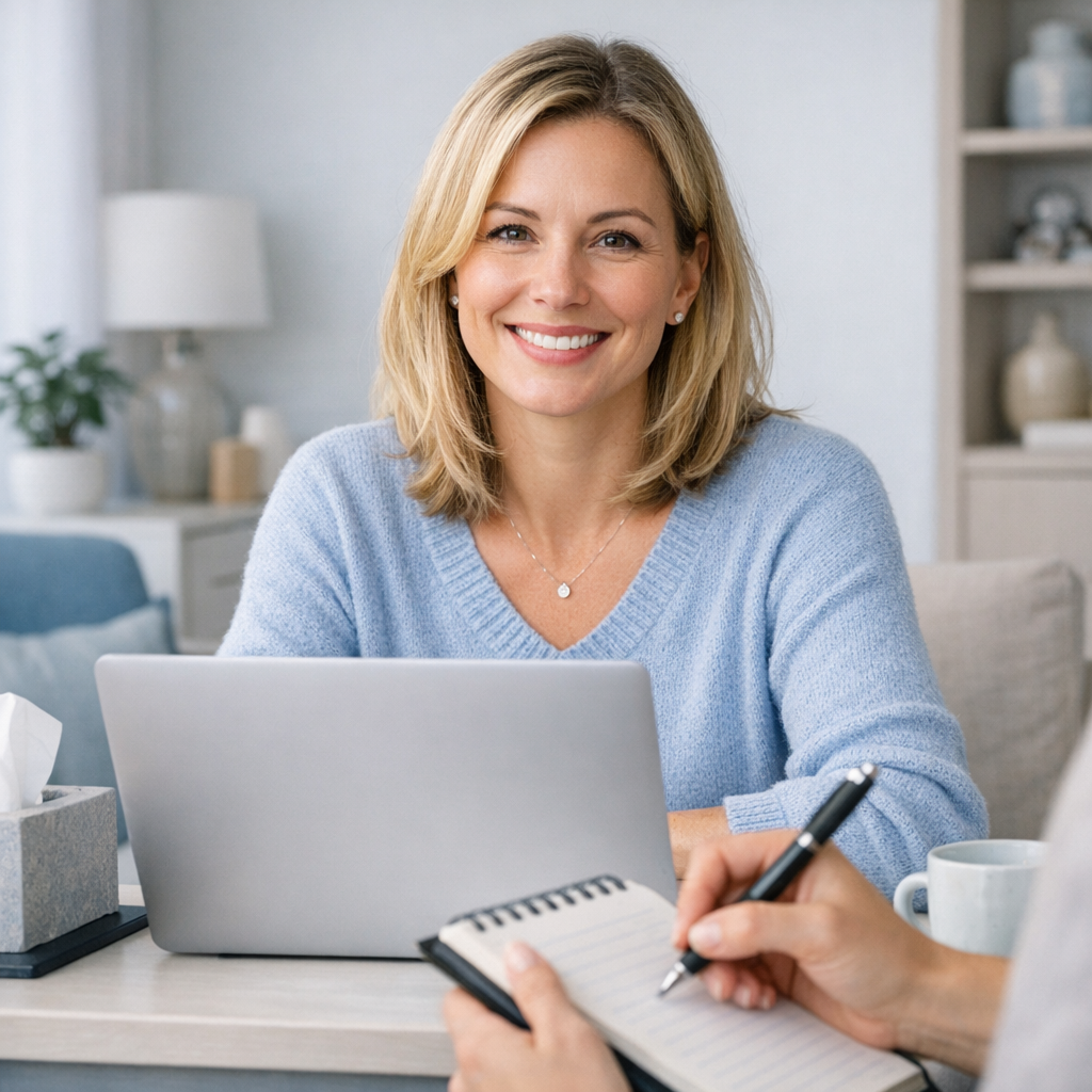 Photorealistic portrait-style scene inside a bright, private telehealth space, a therapist on laptop smiling warmly toward...