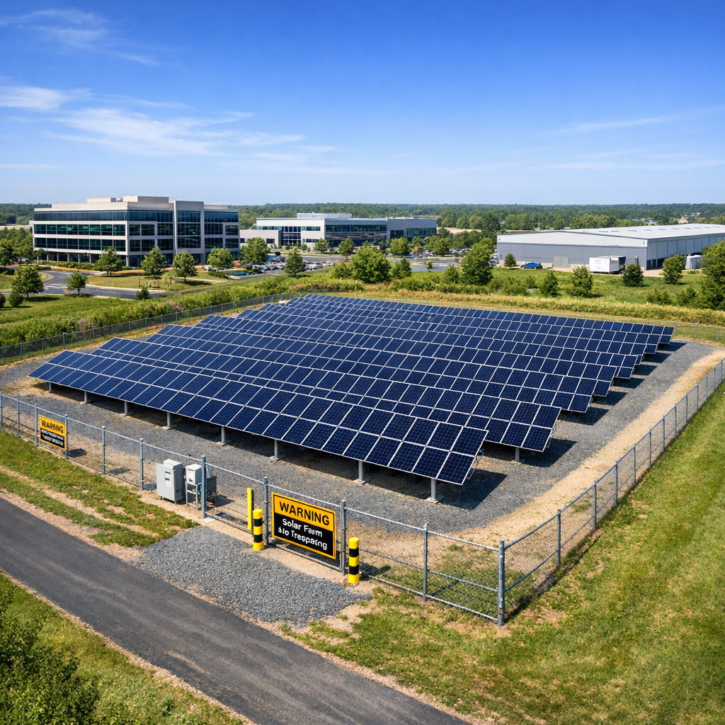 Independent Solar | Commercial Ground Mount Solar Nevada, Dealer & ROI Guide 2026 Photorealistic in-content image showing a completed commercial ground-mount installation next to a business campus with bl...