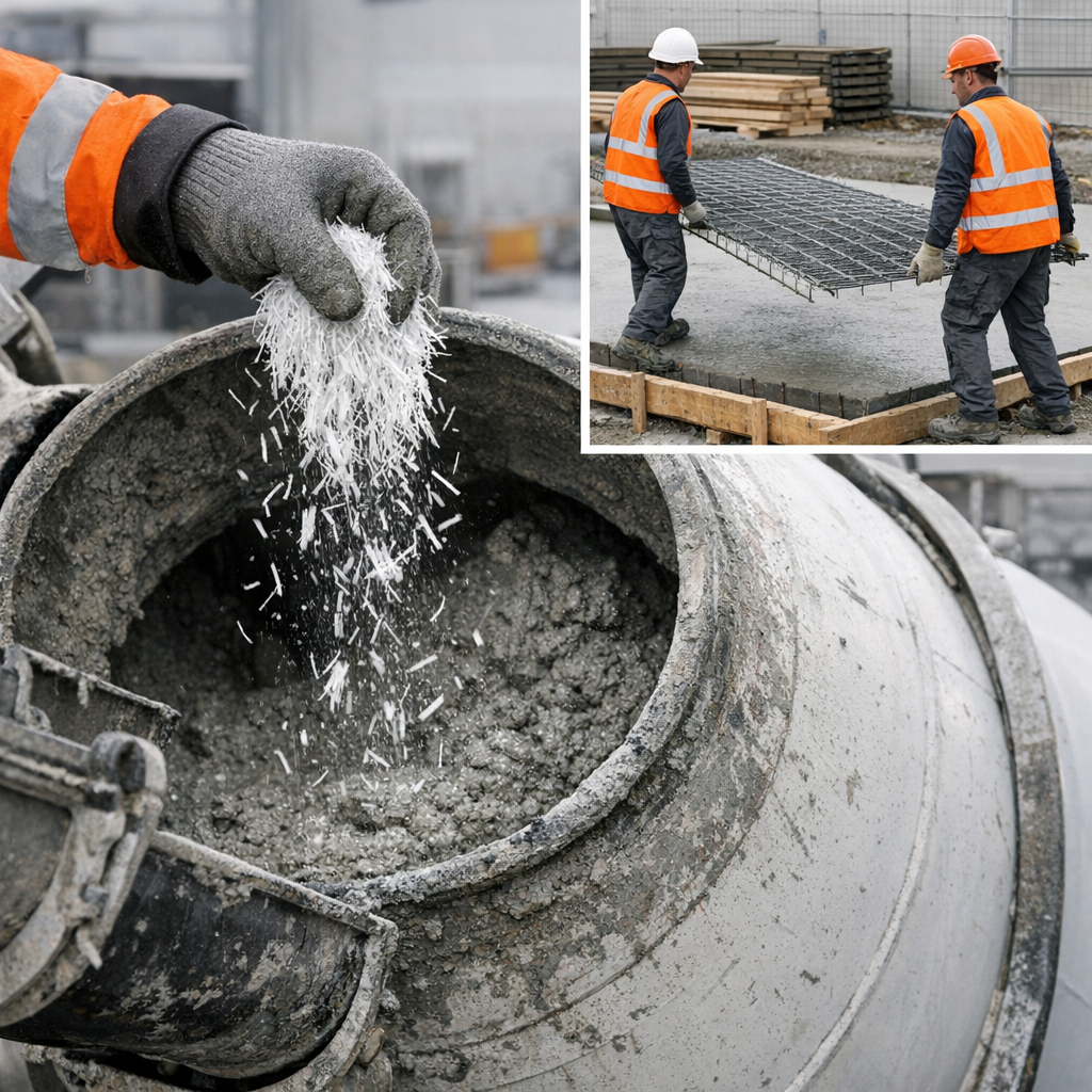 Close-up photorealistic image of polypropylene fibers being added to a ready-mix truck, and a separate inset showing welde...