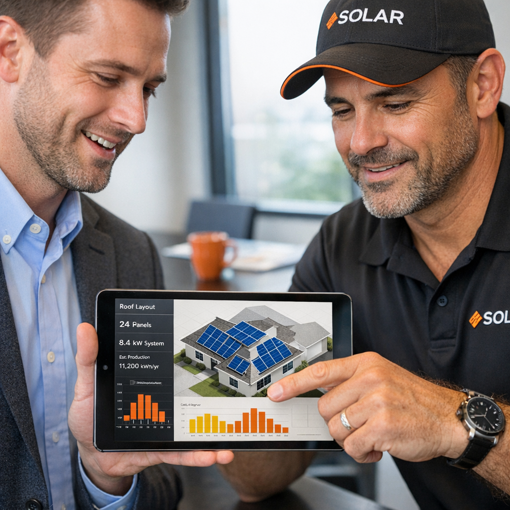 Independent Solar | Solar Company With Strong Reputation B2B For Business Growth Photorealistic mid-page image of a sales rep and an Independent Solar dealer reviewing a rooftop plan on a tablet while st...