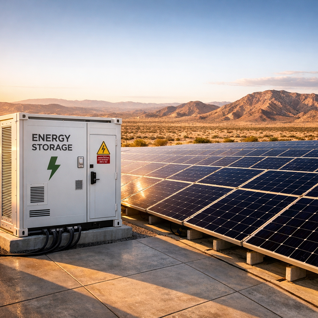 Independent Solar | Solar Company With Strong Reputation B2B For Business Growth Photorealistic image of a commercial battery storage container beside rooftop solar arrays, desert landscape in the distan...