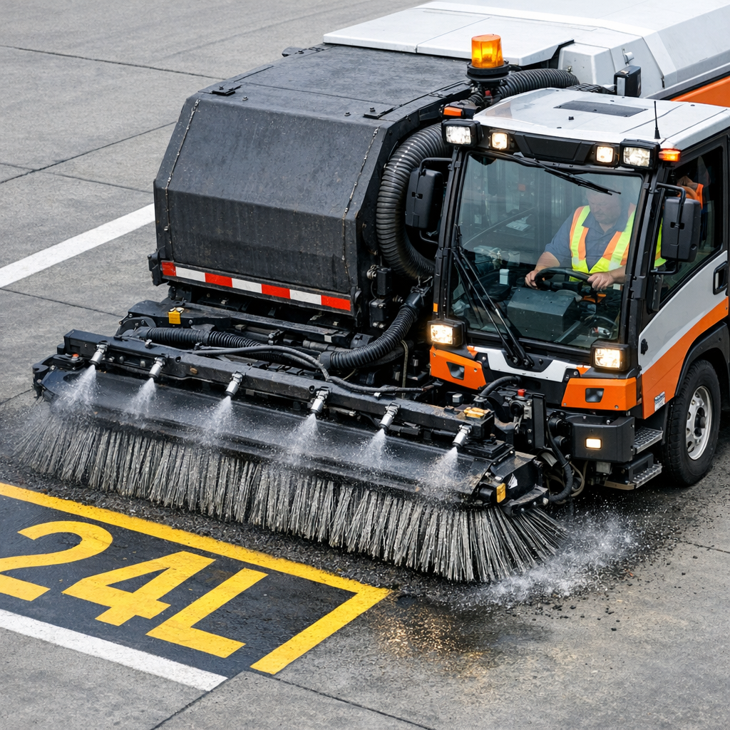 Photorealistic mid-shot of a heavy-duty mechanical broom sweeper performing a full-width sweep near airport pavement marki...