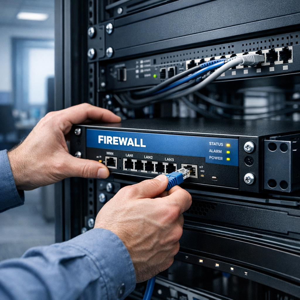 Network System Solutions | Managed IT Services Phoenix, Local MSP for Arizona Businesses Photorealistic mid-shot of a technician installing a network firewall in an office server rack, modern office setting, cle...