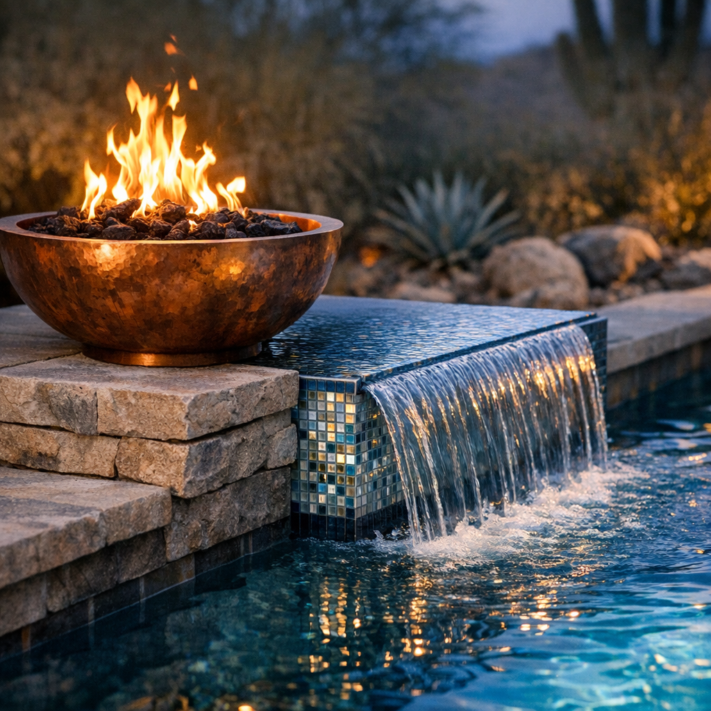 Photorealistic close-up of a modern pool edge where a copper fire bowl sits on a low natural stone plinth beside a glass-t...