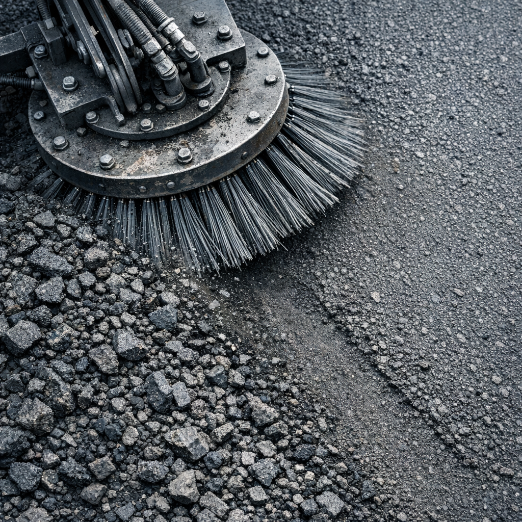 Photorealistic mid-article image of a close-up view of a mechanical broom head sweeping asphalt millings, high-detail, sha...