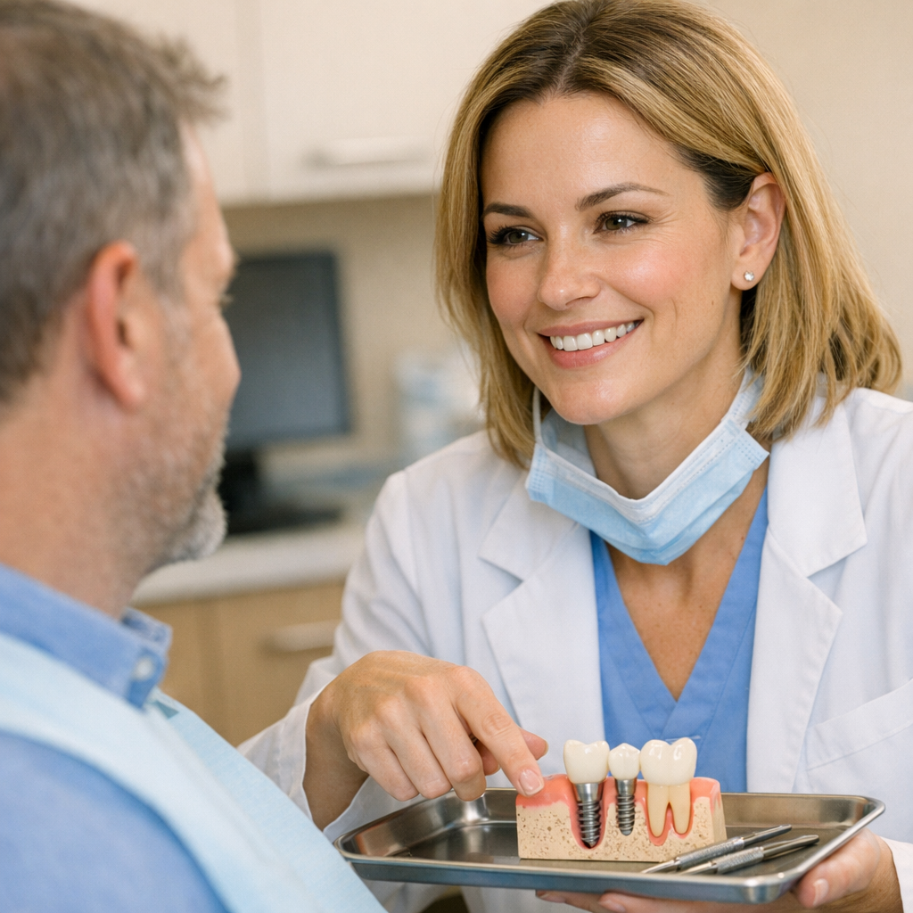 Close-up photorealistic image of a female dentist consulting with an adult patient in a quiet treatment room, pointing to ...