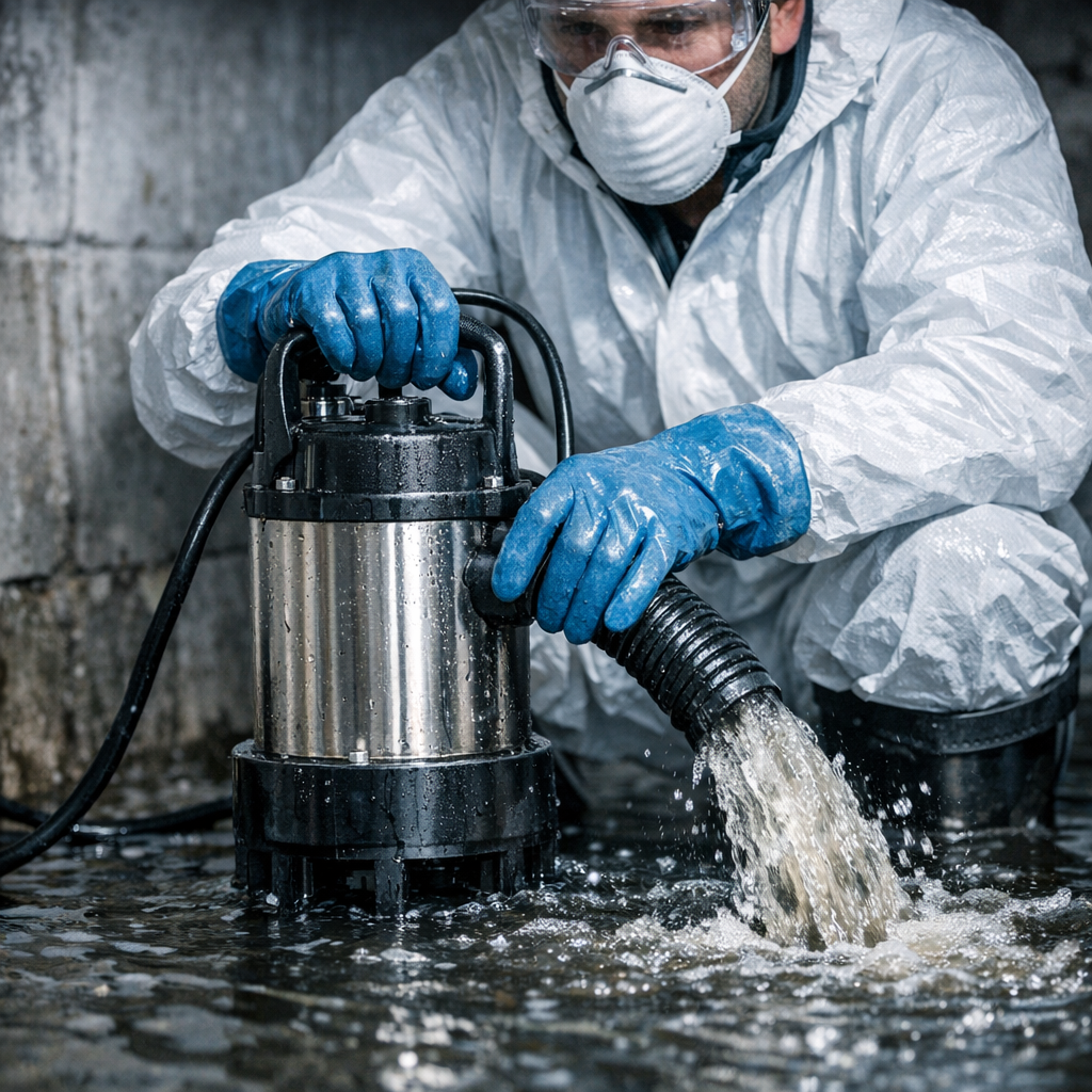 Close-up photorealistic image of a certified technician wearing protective gear (gloves, mask, waterproof boots) using a s...