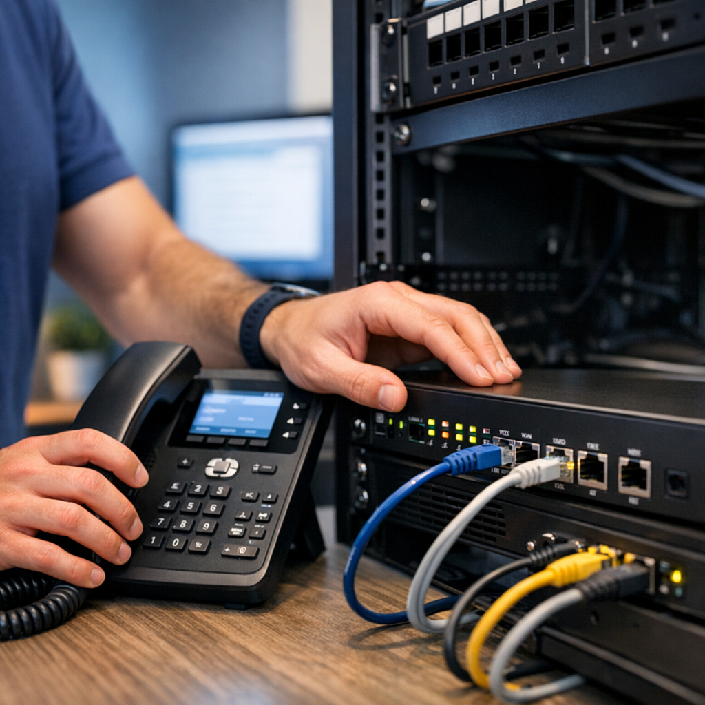 Network System Solutions | How To Outsource Small Business IT: A Practical Arizona Guide Photorealistic mid-shot of a technician installing a VoIP handset and configuring a rack-mounted network device in a moder...