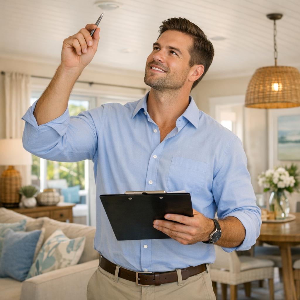 Mid-article photorealistic image of a property manager inspecting a sunny Delray Beach home interior, professional and app...