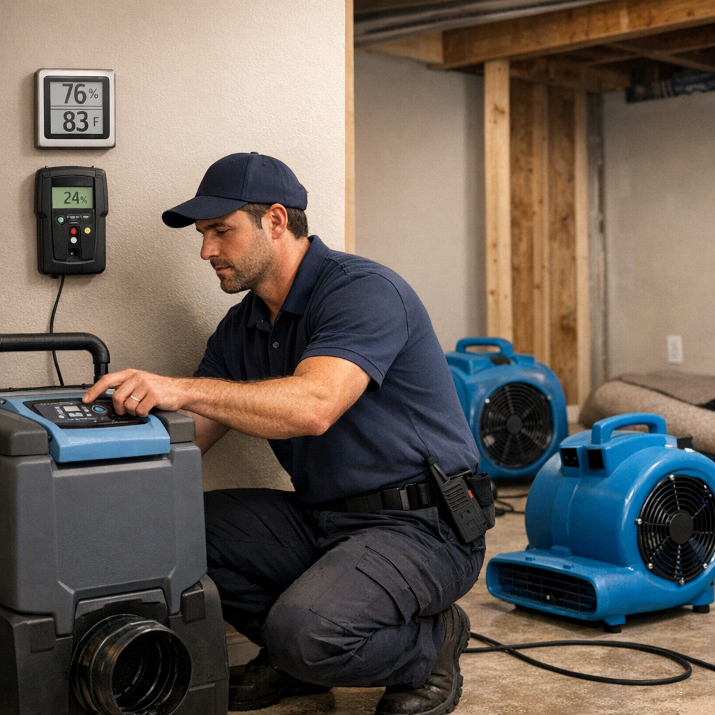 Photorealistic mid-shot of a technician setting up high-capacity dehumidifiers and directional air movers in a residential...