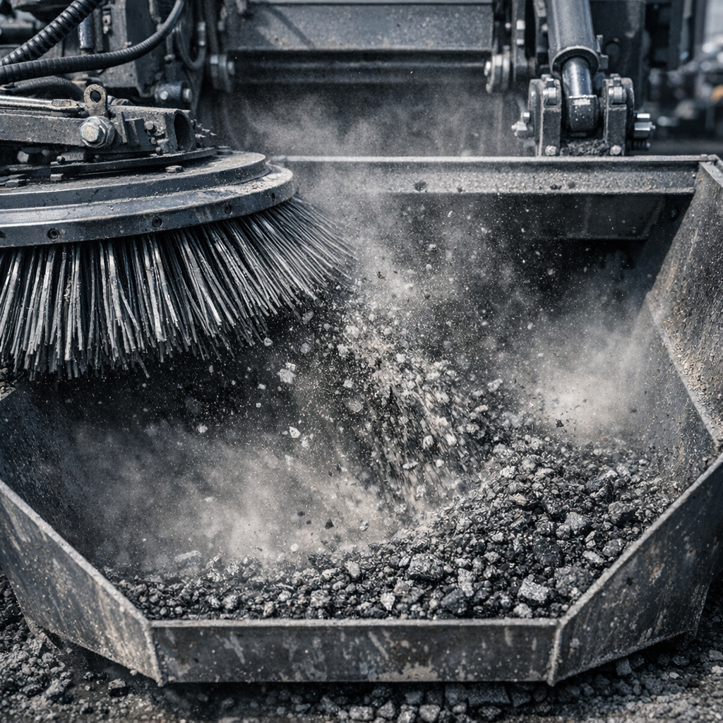 Close-up photorealistic shot of a mechanical broom assembly in action on a construction site, dust and millings being swep...