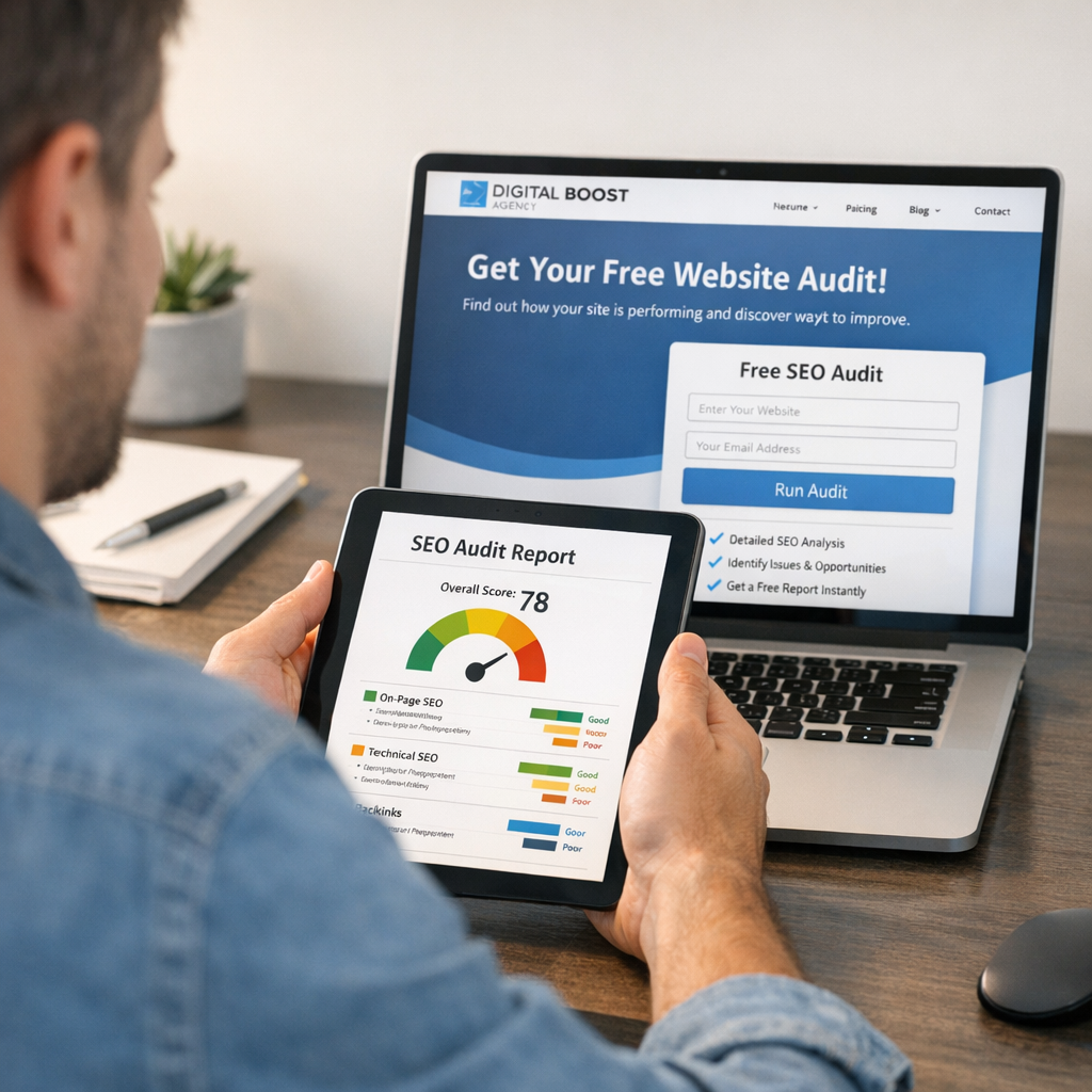 A clean, photorealistic in-content image of a single marketer reviewing a white-labeled audit report on a tablet while a l...