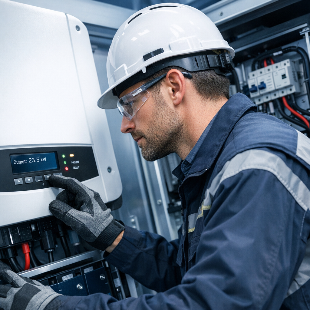 Independent Solar | When to Upgrade Commercial Solar System: Signs and ROI Guide Close-up photorealistic view of a commercial solar technician inspecting an inverter and battery cabinet on-site, clean mo...