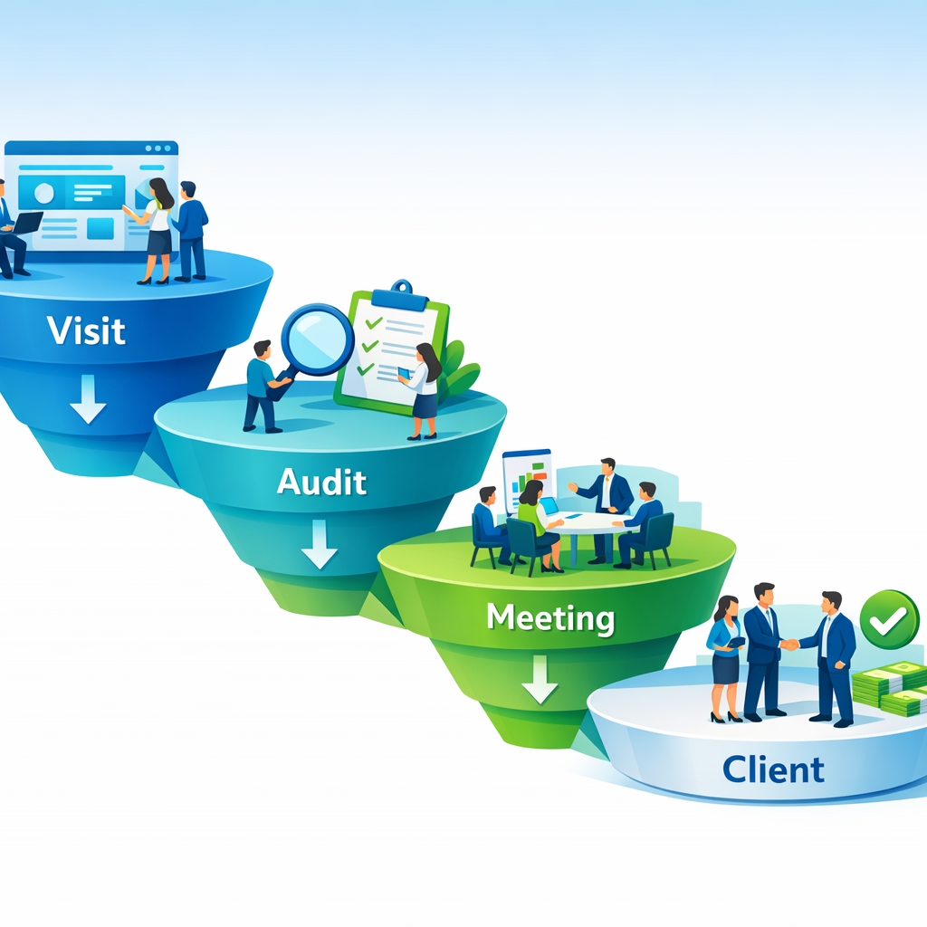 Abstract illustrative visual showing a step-by-step funnel from 'Visit' to 'Audit' to 'Meeting' to 'Client', isometric 3D ...