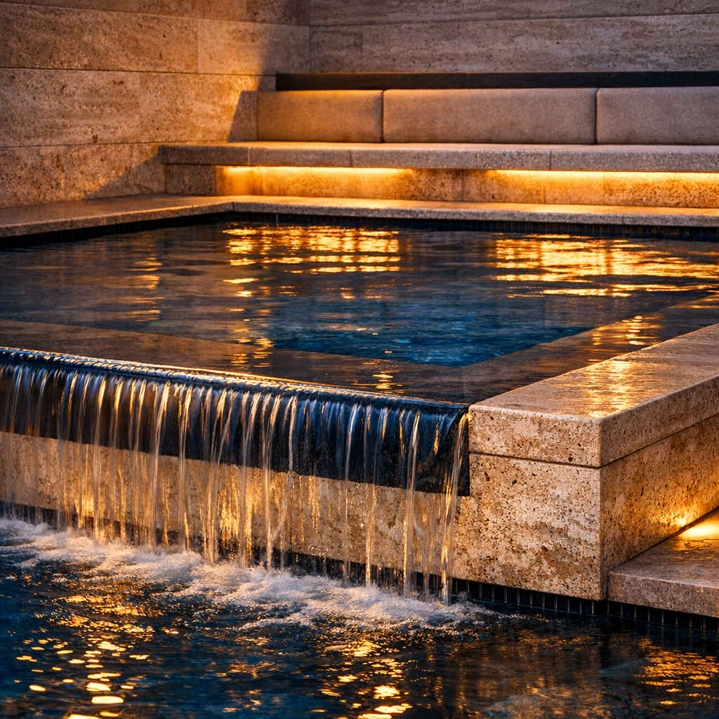 Close-up photorealistic shot of a modern spool with overflow edge, textured travertine surround, warm recessed step lighti...