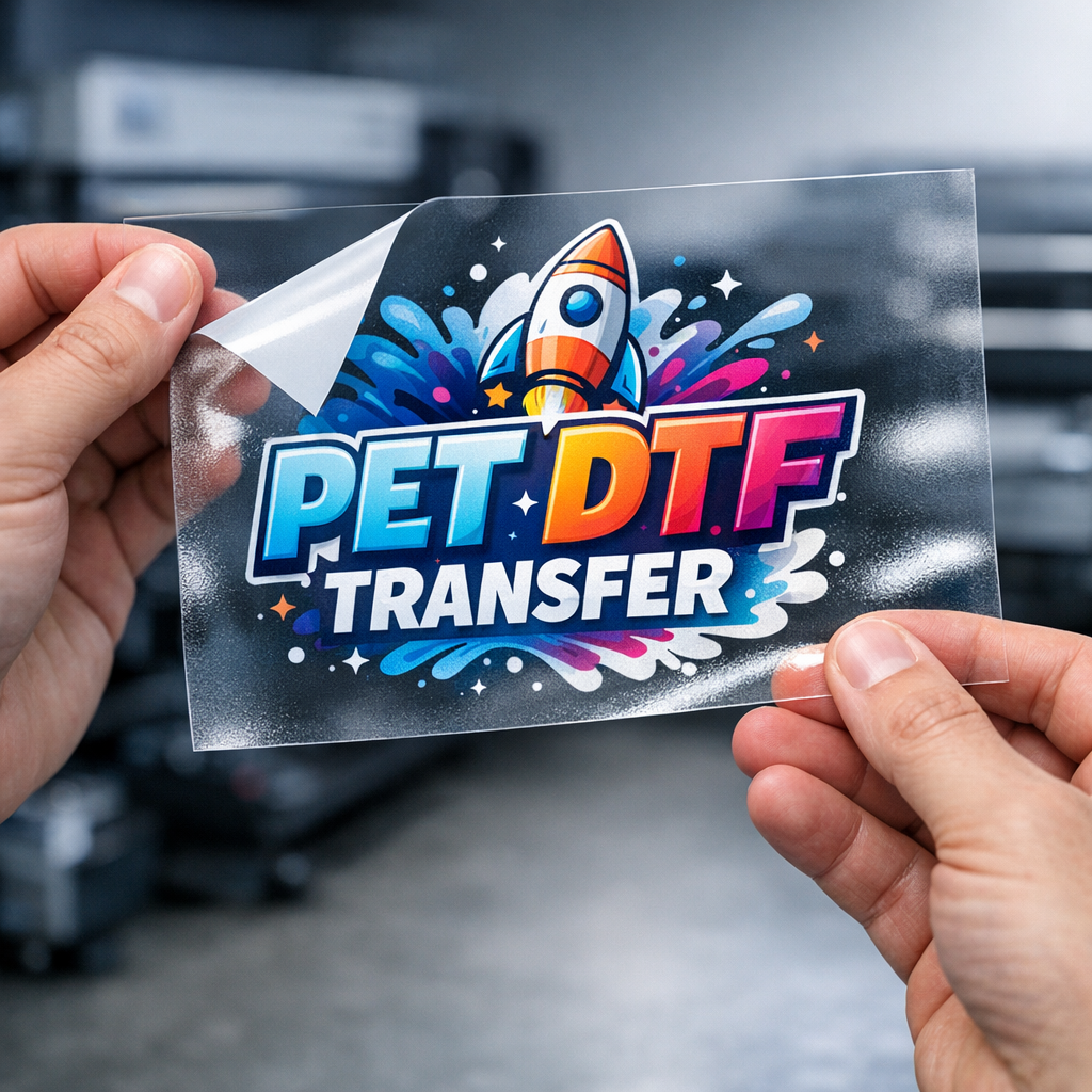 Close-up photorealistic shot of hands holding a clear PET DTF decal film showing vivid ink and a white underbase, shallow ...